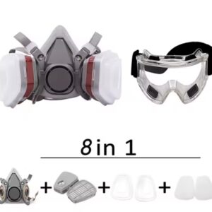 ערכת מיגון נשימתי 8-ב-1 הכוללת מסכת חצי פנים ומשקפי מגן אטומים