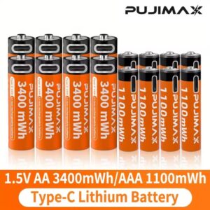 סוללת ליתיום נטענת PUJIMAX 1.5V AA&AAA 3400mWh/1100mWh, טעינת יציאת Type-C משמשת מחדש 1500 פעמים לשעוני מעורר