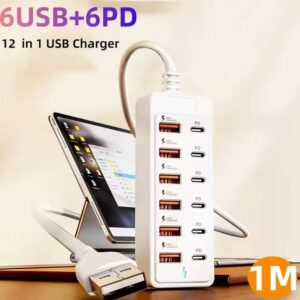 שקע טעינה מהיר 12 ב-1 עם כבל USB באורך 1 מטר, תחנת טעינה שולחנית, מתאם USB HUB למשרד ולבית