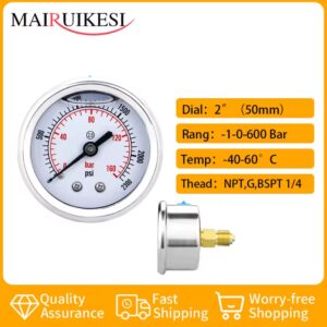 מד לחץ 2 אינץ' MAIRUIKESI 2.5% NPT, G, ZG1/4 (50mm) תיבת פלדה חיבור אחורי ואקום עבור מים הידראוליים גז Mamometer