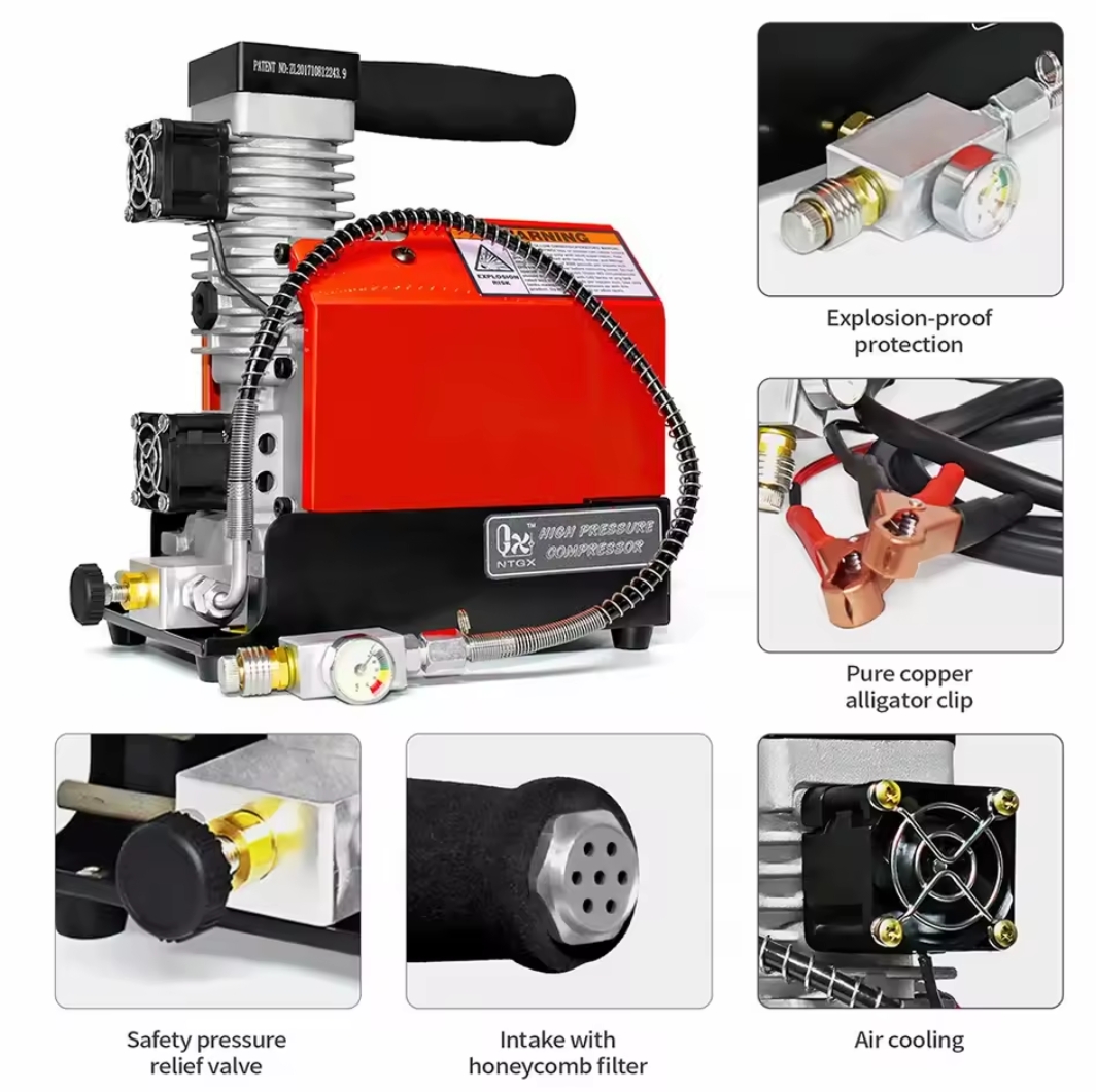 מדחס אוויר נייד GX CS2 300Bar 12V PCP בלחץ גבוה 4500Psi עם מתאם חשמל 12V למיכל רובה PCP Scuba – תמונה 4