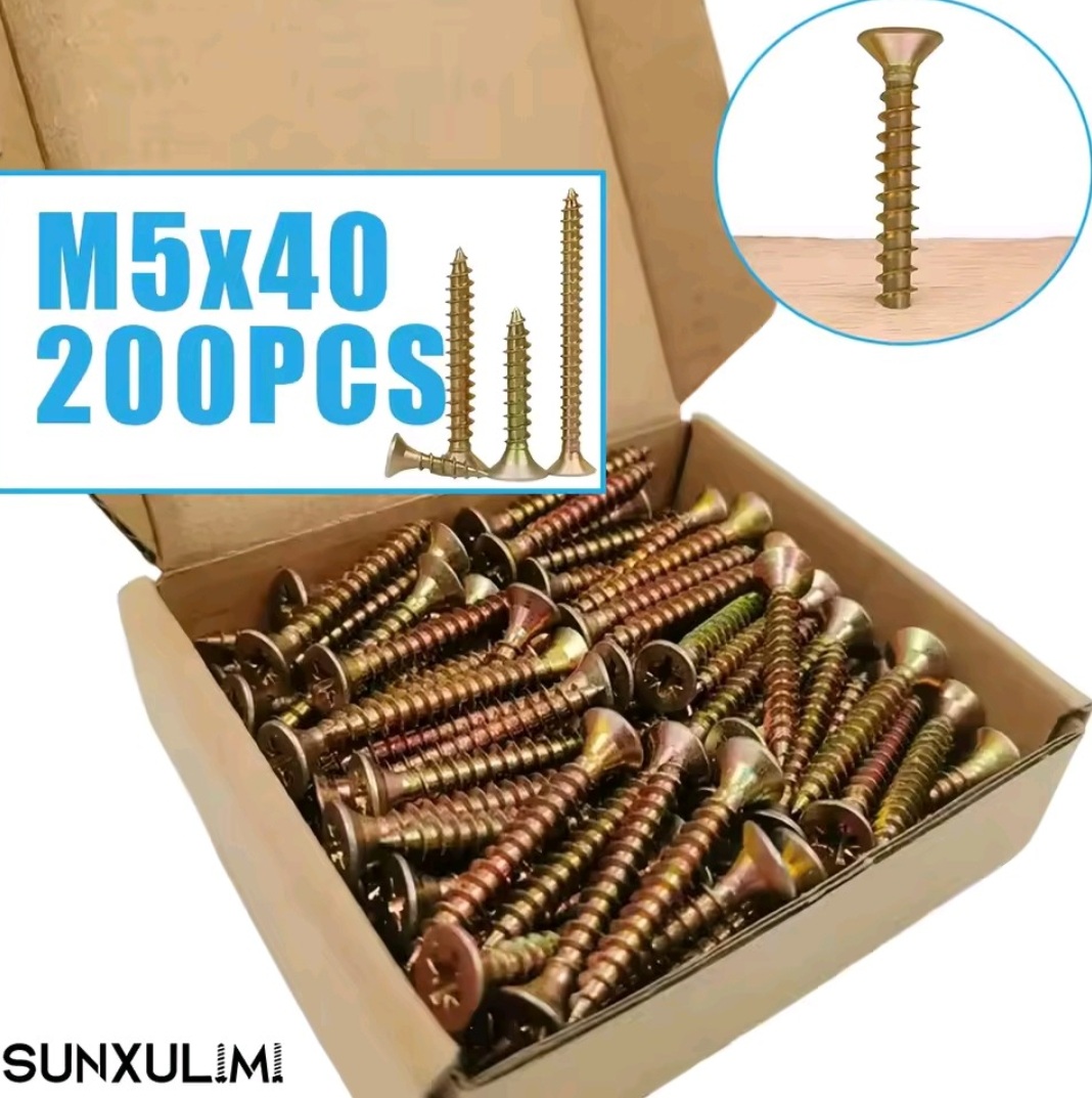 200 חתיכות מברגי עץ ראש שטוח M5x30/40/50/60/70/80, מברגי עץ ראש צלב, צהוב מגולוון, חוט מלא - Image 5