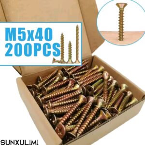 200 חתיכות מברגי עץ ראש שטוח M5x30/40/50/60/70/80, מברגי עץ ראש צלב, צהוב מגולוון, חוט מלא