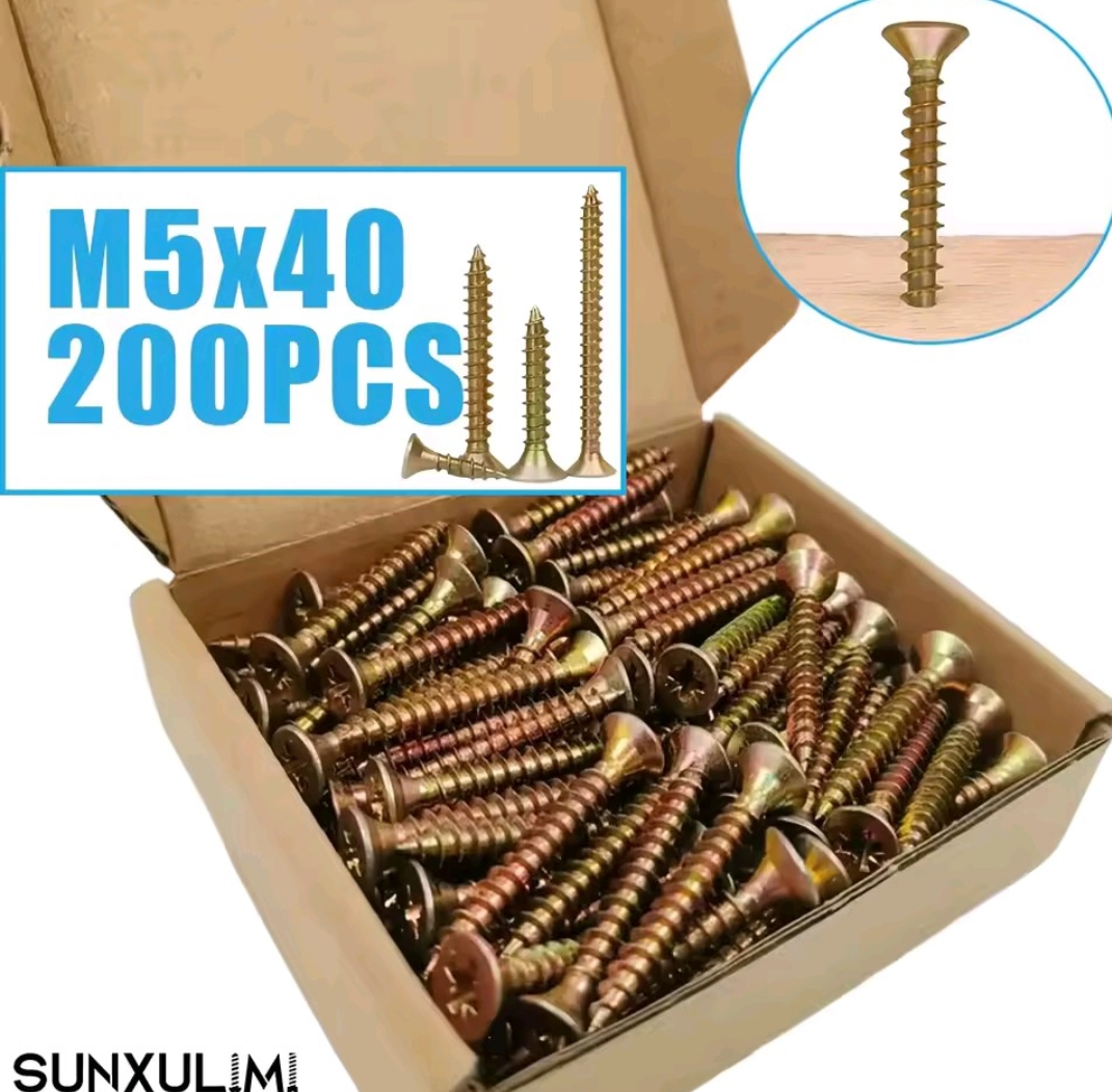 200 חתיכות מברגי עץ ראש שטוח M5x30/40/50/60/70/80, מברגי עץ ראש צלב, צהוב מגולוון, חוט מלא