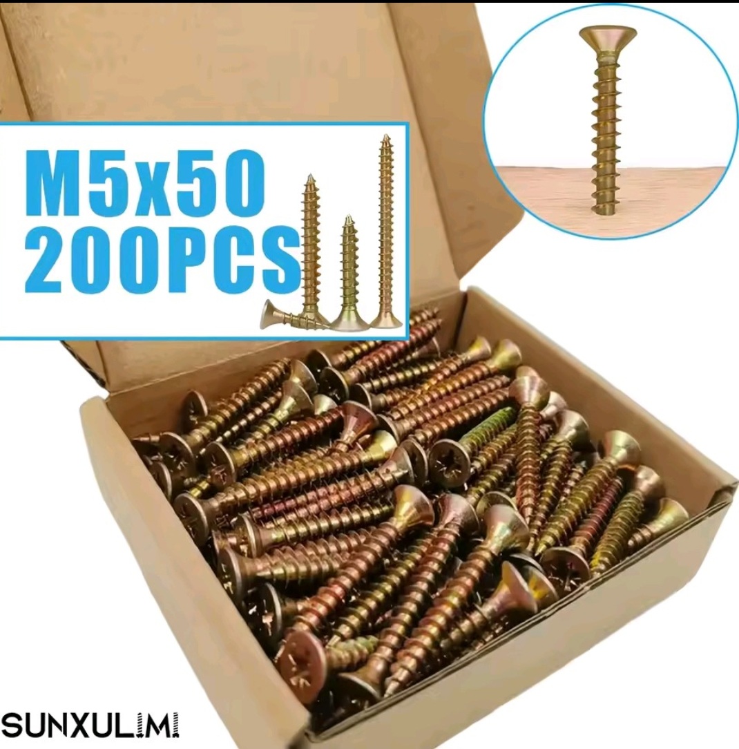 200 חתיכות מברגי עץ ראש שטוח M5x30/40/50/60/70/80, מברגי עץ ראש צלב, צהוב מגולוון, חוט מלא - Image 6