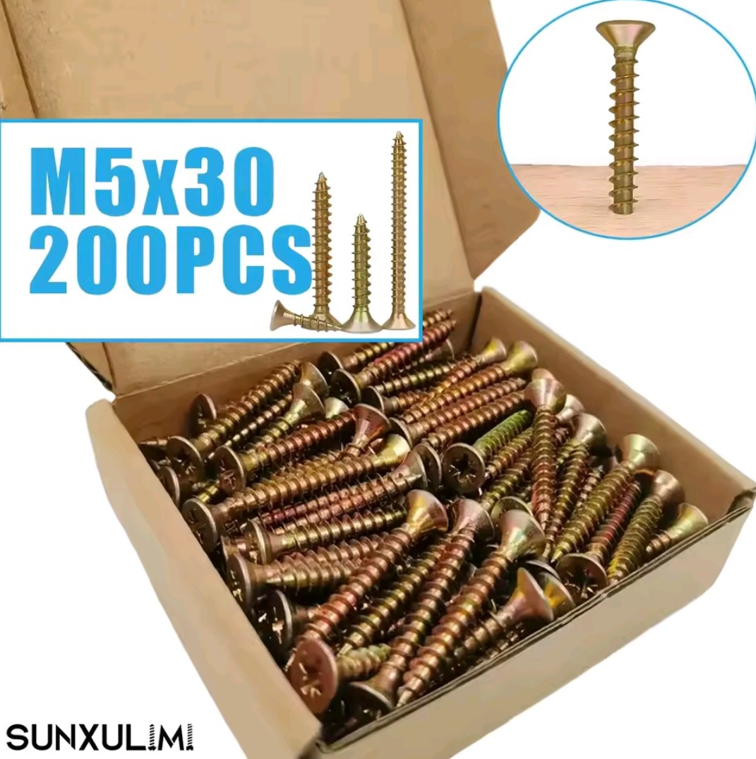 200 חתיכות מברגי עץ ראש שטוח M5x30/40/50/60/70/80, מברגי עץ ראש צלב, צהוב מגולוון, חוט מלא - Image 7