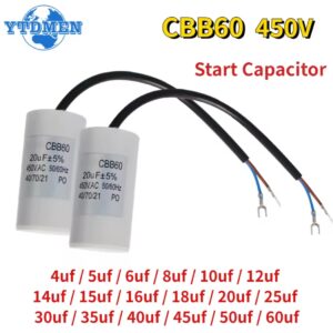 קונדנסטורים מנוע AC CBB60 450V קונדנסטור 1PCS 4/5/6/8/10/12/14/15/16/18/20/30/35/40/50/60 עבורUF מכונת כביסה, משאבת מים