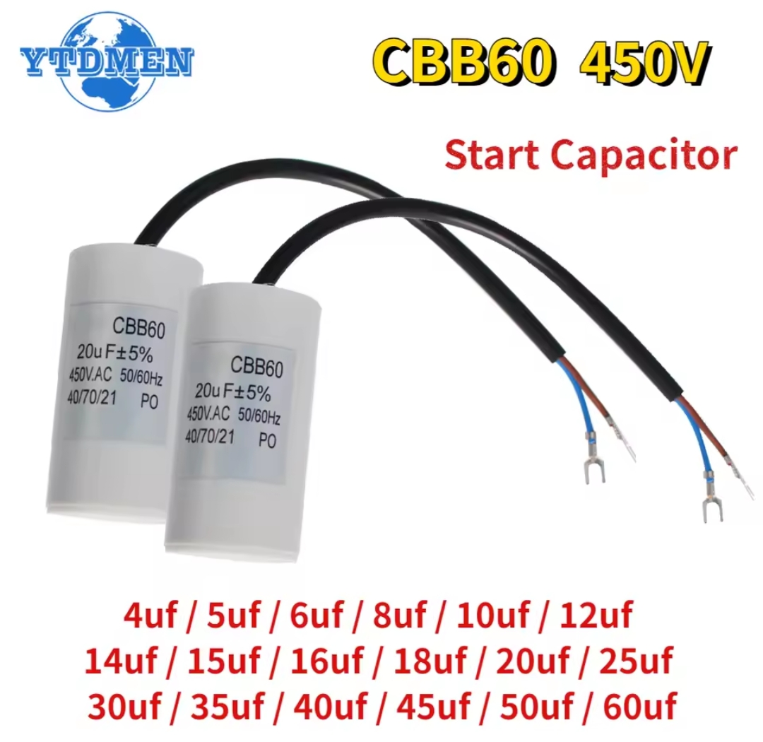 קונדנסטורים מנוע AC CBB60 450V קונדנסטור 1PCS 4/5/6/8/10/12/14/15/16/18/20/30/35/40/50/60 עבורUF מכונת כביסה, משאבת מים